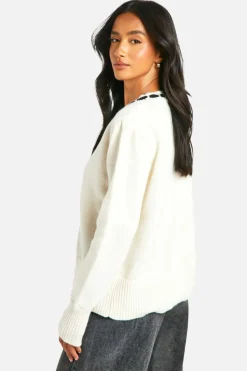 Cardigans|Knitwear*boohoo Petite Contrast Ribbon Knitted Cardigan ivory