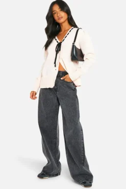 Cardigans*boohoo Petite Contrast Ribbon Knitted Cardigan light pink