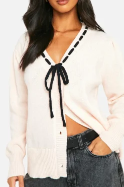 Cardigans*boohoo Petite Contrast Ribbon Knitted Cardigan light pink