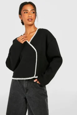 Up To 80% Off Winter Warmers*boohoo Petite Contrast Stitch Wool Look Boxy Jacket black