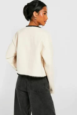 Up To 80% Off Winter Warmers*boohoo Petite Contrast Stitch Wool Look Boxy Jacket cream
