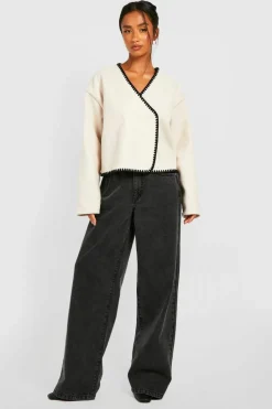 Up To 80% Off Winter Warmers*boohoo Petite Contrast Stitch Wool Look Boxy Jacket cream