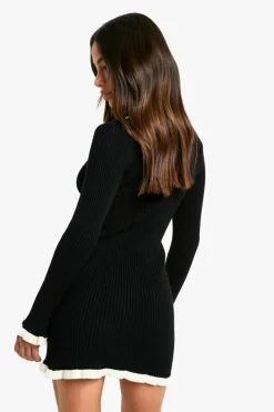 Jumper Dresses|Jumper Dresses*boohoo Petite Contrast Trim Collared Knitted Skater Dress black