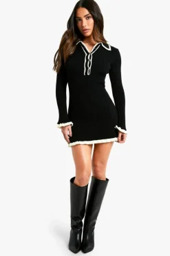 Jumper Dresses|Jumper Dresses*boohoo Petite Contrast Trim Collared Knitted Skater Dress black