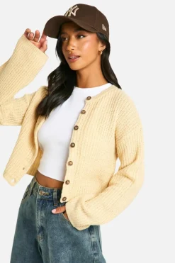 Cardigans*boohoo Petite Crew Neck Soft Knit Micro Cardigan stone
