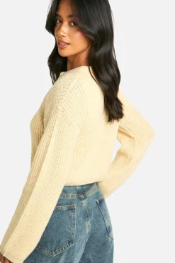 Cardigans*boohoo Petite Crew Neck Soft Knit Micro Cardigan stone