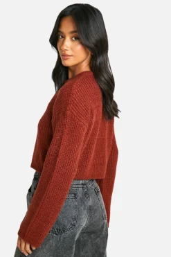 Cardigans*boohoo Petite Crew Neck Soft Knit Micro Cardigan chocolate