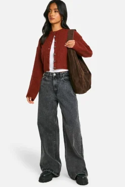 Cardigans*boohoo Petite Crew Neck Soft Knit Micro Cardigan chocolate