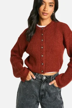 Cardigans*boohoo Petite Crew Neck Soft Knit Micro Cardigan chocolate