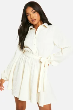 Shirt Dresses|Mini Dresses*boohoo Petite Crinkle Skater Shirt Dress white