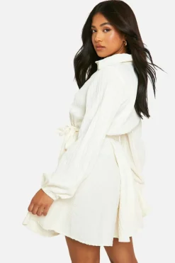 Shirt Dresses|Mini Dresses*boohoo Petite Crinkle Skater Shirt Dress white