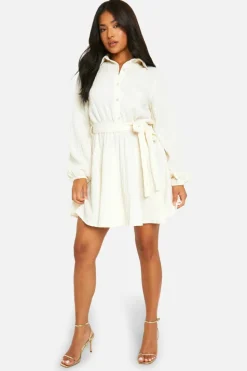 Shirt Dresses|Mini Dresses*boohoo Petite Crinkle Skater Shirt Dress white