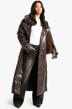 Up To 80% Off Winter Warmers|Trench Coats*boohoo Petite Croc Faux Leather Longline Trench Coat wine