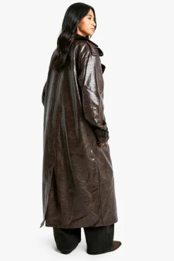 Up To 80% Off Winter Warmers|Trench Coats*boohoo Petite Croc Faux Leather Longline Trench Coat wine