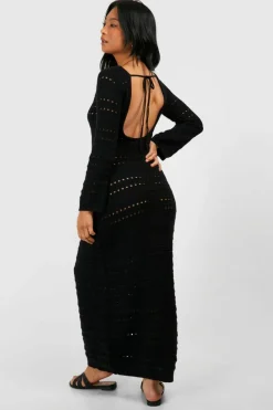 Jumper Dresses|Jumper Dresses*boohoo Petite Crochet Flare Sleeve Tie Back Knitted Maxi Dress black