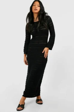 Jumper Dresses|Jumper Dresses*boohoo Petite Crochet Flare Sleeve Tie Back Knitted Maxi Dress black
