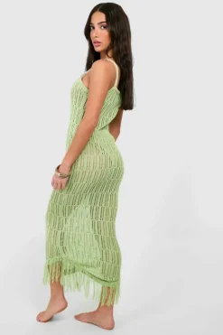 Jumper Dresses|Jumper Dresses*boohoo Petite Crochet Frayed Hem Beach Dress green