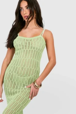 Jumper Dresses|Jumper Dresses*boohoo Petite Crochet Frayed Hem Beach Dress green
