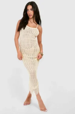 Jumper Dresses|Jumper Dresses*boohoo Petite Crochet Frayed Hem Beach Dress ivory
