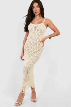 Jumper Dresses|Jumper Dresses*boohoo Petite Crochet Frayed Hem Beach Dress ivory