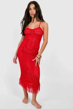 Jumper Dresses|Jumper Dresses*boohoo Petite Crochet Frayed Hem Beach Dress red