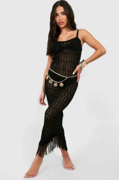 Jumper Dresses|Jumper Dresses*boohoo Petite Crochet Frayed Hem Beach Dress black