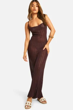 Jumper Dresses|Jumper Dresses*boohoo Petite Crochet Ladder Cowl Neck Knitted Maxi Dress chocolate