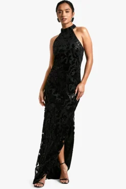 Bodycon Dresses|Maxi Dresses*boohoo Petite Damask High Neck Maxi Dress black