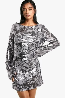 Bodycon Dresses*boohoo Petite Damask Sequin Scoop Back Mini Dress gun metal