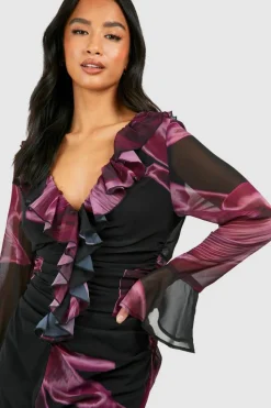 Long Sleeve Dresses|Long Sleeve Dresses*boohoo Petite Dark Floral Ruffle Ruched Woven Midaxi Dress purple
