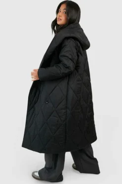 Up To 80% Off Winter Warmers|Puffer Jackets*boohoo Petite Diamond Quilt Maxi Hooded Oversized Puffer black