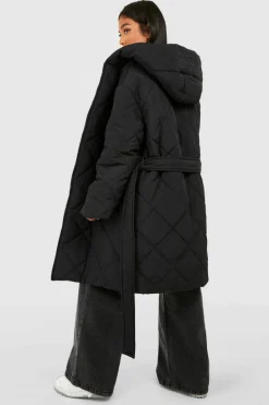Up To 80% Off Winter Warmers|Puffer Jackets*boohoo Petite Diamond Quilted Belted Puffer Jacket black