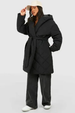 Up To 80% Off Winter Warmers|Puffer Jackets*boohoo Petite Diamond Quilted Belted Puffer Jacket black