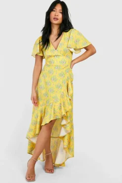 Wrap Dresses|Midi Dresses*boohoo Petite Ditsy Floral Angel Sleeve Wrap Midi Dress yellow