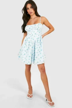 Skater Dresses*boohoo Petite Ditsy Floral Strappy Milkmaid Mini Dress blue