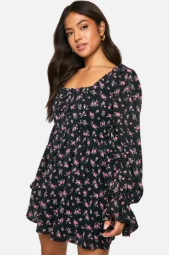 Skater Dresses|Mini Dresses*boohoo Petite Ditsy Floral Volume Sleeve Skater Dress black
