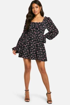 Skater Dresses|Mini Dresses*boohoo Petite Ditsy Floral Volume Sleeve Skater Dress black