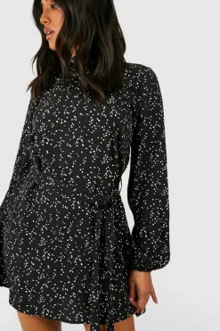 Skater Dresses*boohoo Petite Ditsy Spot Print Belted Skater Dress black