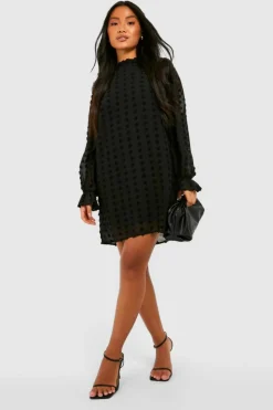 Mini Dresses|Long Sleeve Dresses*boohoo Petite Dobby Textured High Neck Shift Dress black