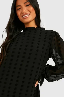 Mini Dresses|Long Sleeve Dresses*boohoo Petite Dobby Textured High Neck Shift Dress black