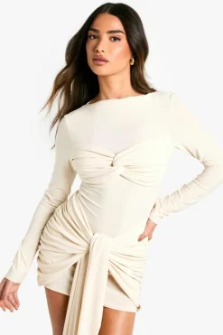 Bodycon Dresses|Mini Dresses*boohoo Petite Double Slinky Twist Front Mini Dress cream