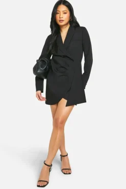 Blazer Dresses|Wrap Dresses*boohoo Petite Drape Detail Wrap Blazer Dress black