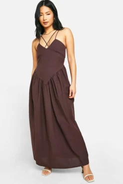 Smock Dresses*boohoo Petite Dropped Waist Maxi Dress chocolate
