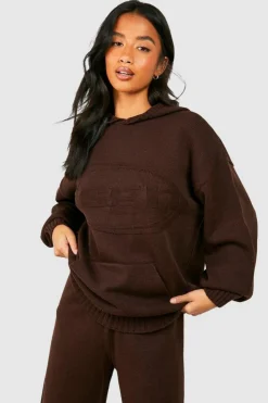 Jumpers|Up To 80% Off Winter Warmers*boohoo Petite Dsgn Embossed Knitted Hoodie chocolate