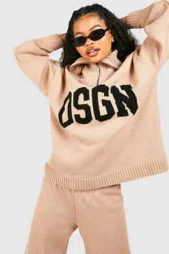 Jumpers|Dsgn Studio*boohoo Petite Dsgn Jacquard Knitted Half Zip Jumper stone