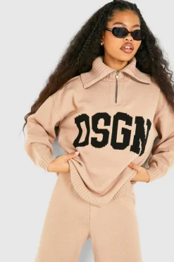 Jumpers|Dsgn Studio*boohoo Petite Dsgn Jacquard Knitted Half Zip Jumper stone