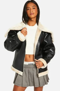 Up To 80% Off Winter Warmers|Aviator Jackets*boohoo Petite Faux Fur Collar Leather Jacket black