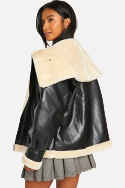 Up To 80% Off Winter Warmers|Aviator Jackets*boohoo Petite Faux Fur Collar Leather Jacket black