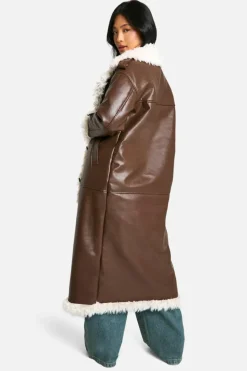 Up To 80% Off Winter Warmers|Coats & Jackets*boohoo Petite Faux Leather Longline Coat brown