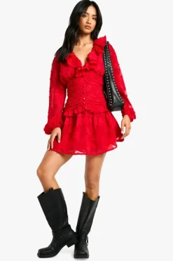Skater Dresses*boohoo Petite Floral Burnout Ruffle Plunge Ruched Skater Dress red
